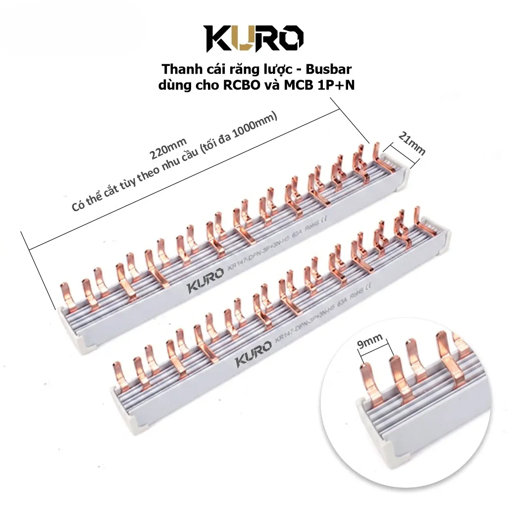 Thanh cái đồng răng lược - Busbar KURO KR147 DPN 3P+3N H5 63A RoHS CE (6 tép RCBO - dài 108mm)