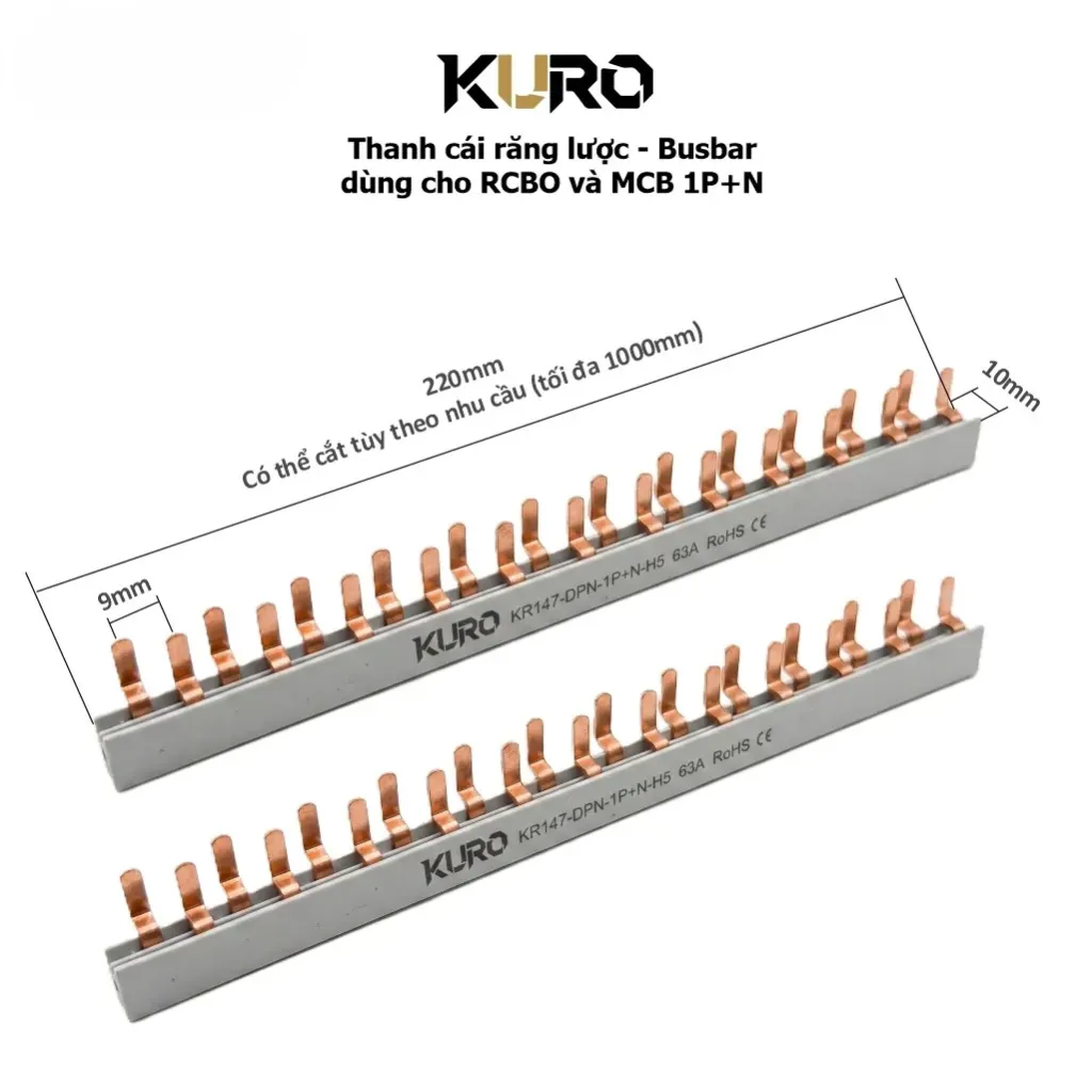 Thanh cái đồng răng lược - Busbar KURO KR147 DPN 1P+N H5 63A RoHS CE (6 tép RCBO 1P+N dài 108mm)