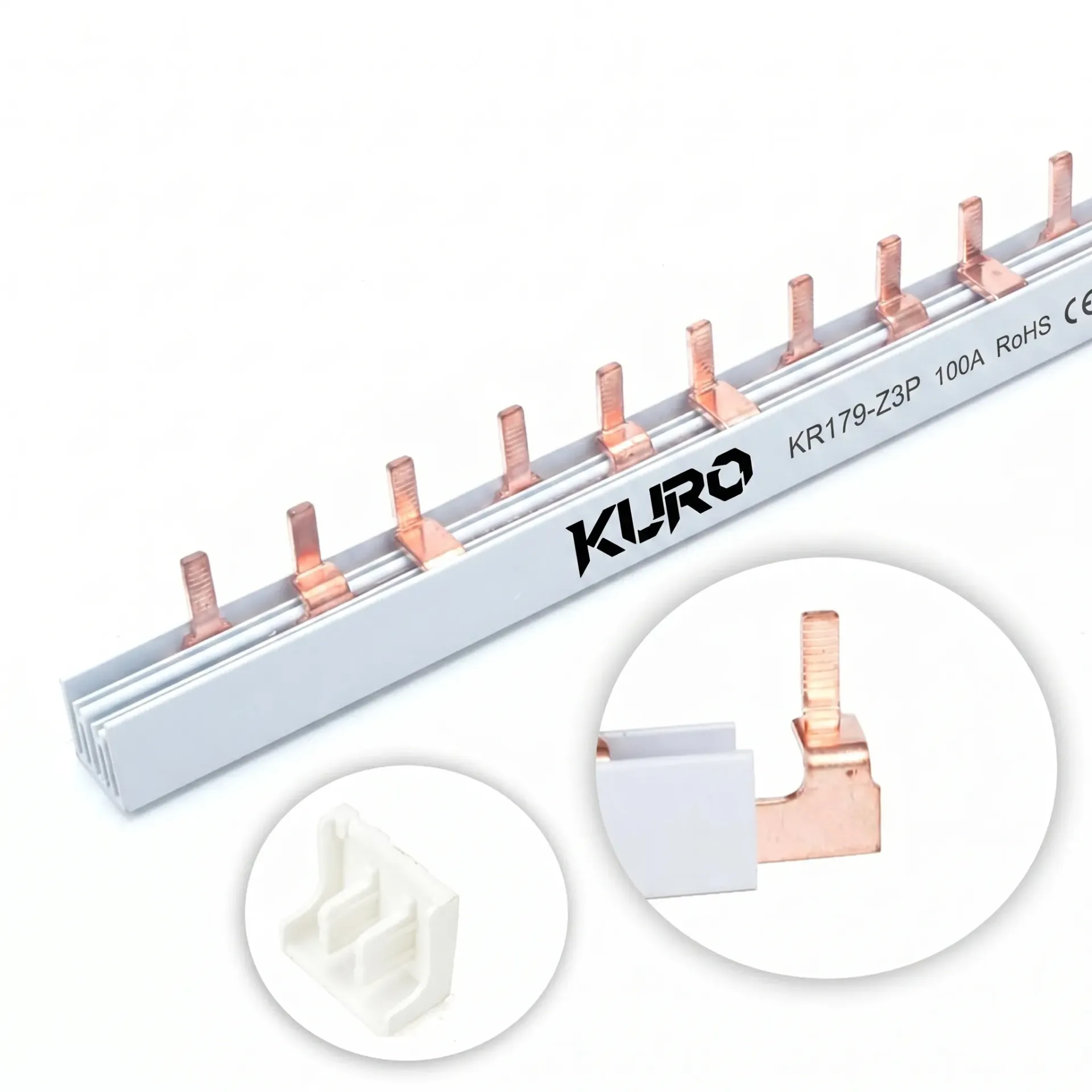 Thanh cái đồng răng lược cho cầu dao tự động MCB 3 cực, busbar đồng có độ dẫn điện cao - KURO - chiều dài 1000 mm