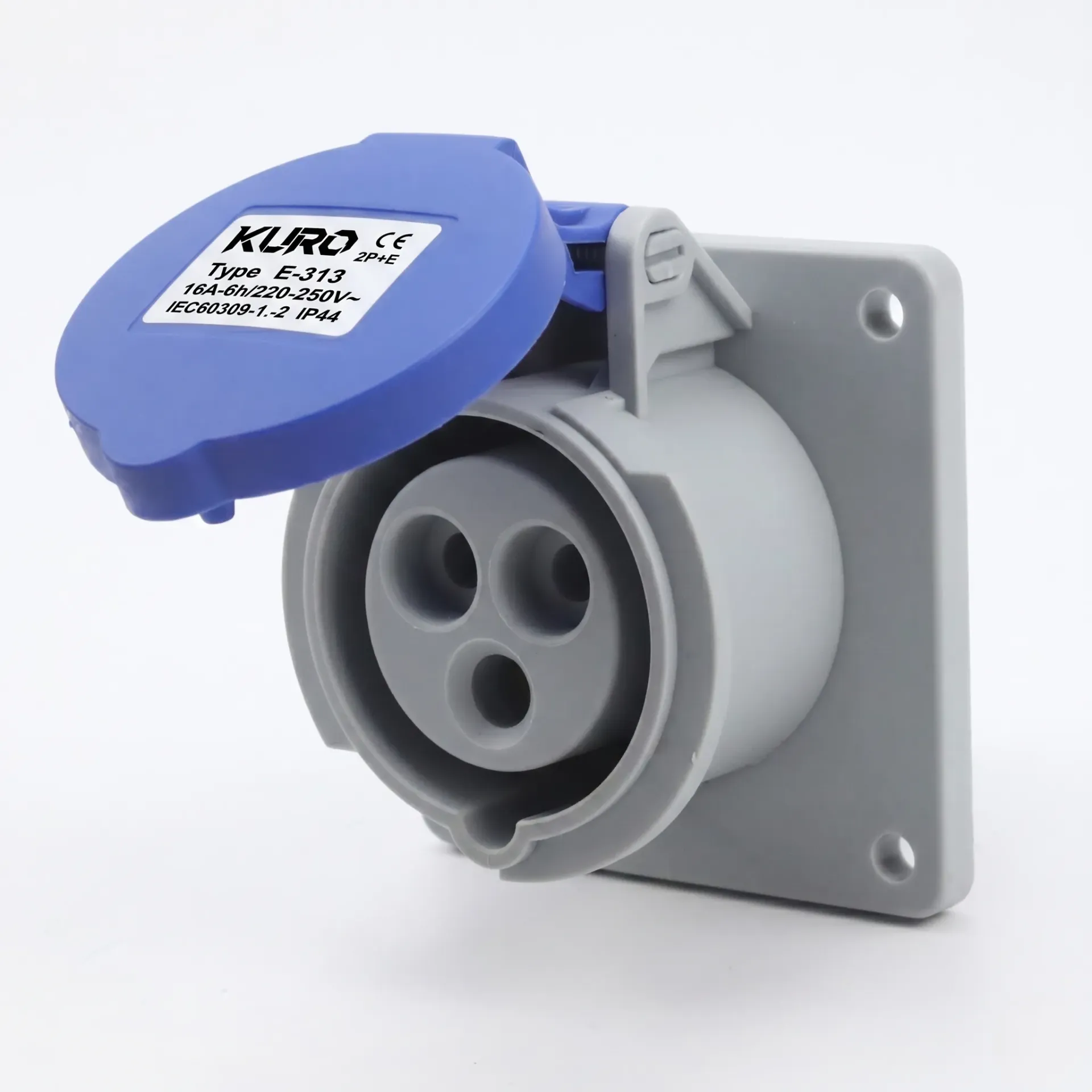 Phích cắm công nghiệp 16A, 1 Pha, cố định (đầu cái), phích cắm 3 chân, model E-313, điện áp 220-250V